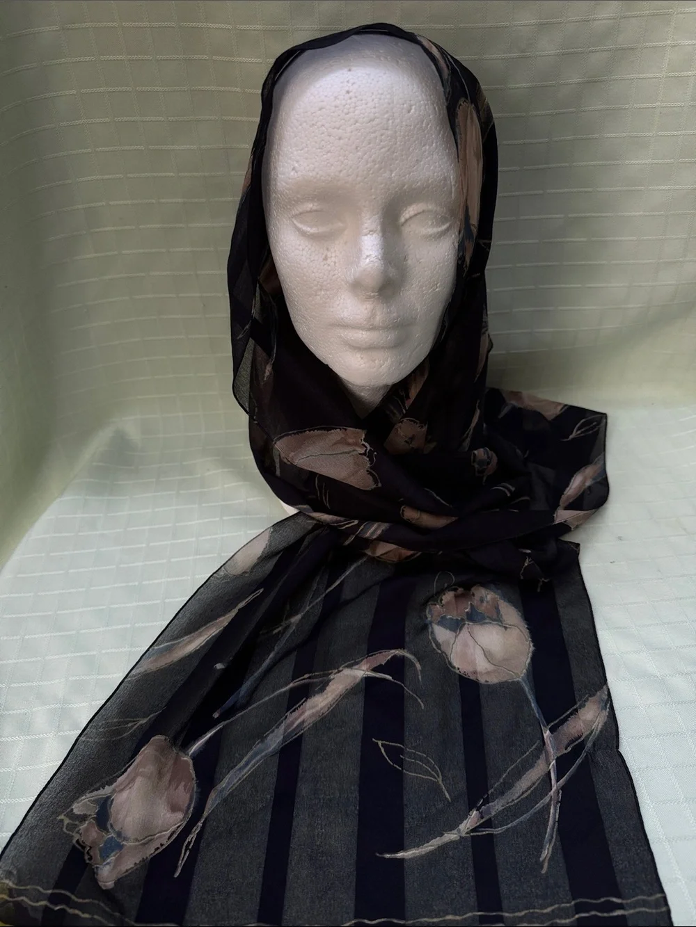 Vintage Floral Sheer Black Scarf with Tan hand painted tulips